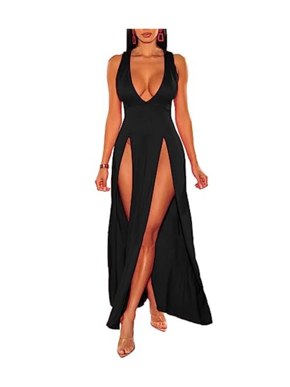 Sleeveless V-Neck Double Slit Maxi Tank Dress Bodycon Cover Up Long